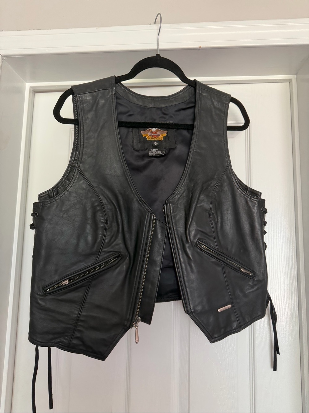 Harley Davidson Black Leather Biker Vest with Zipper Pockets